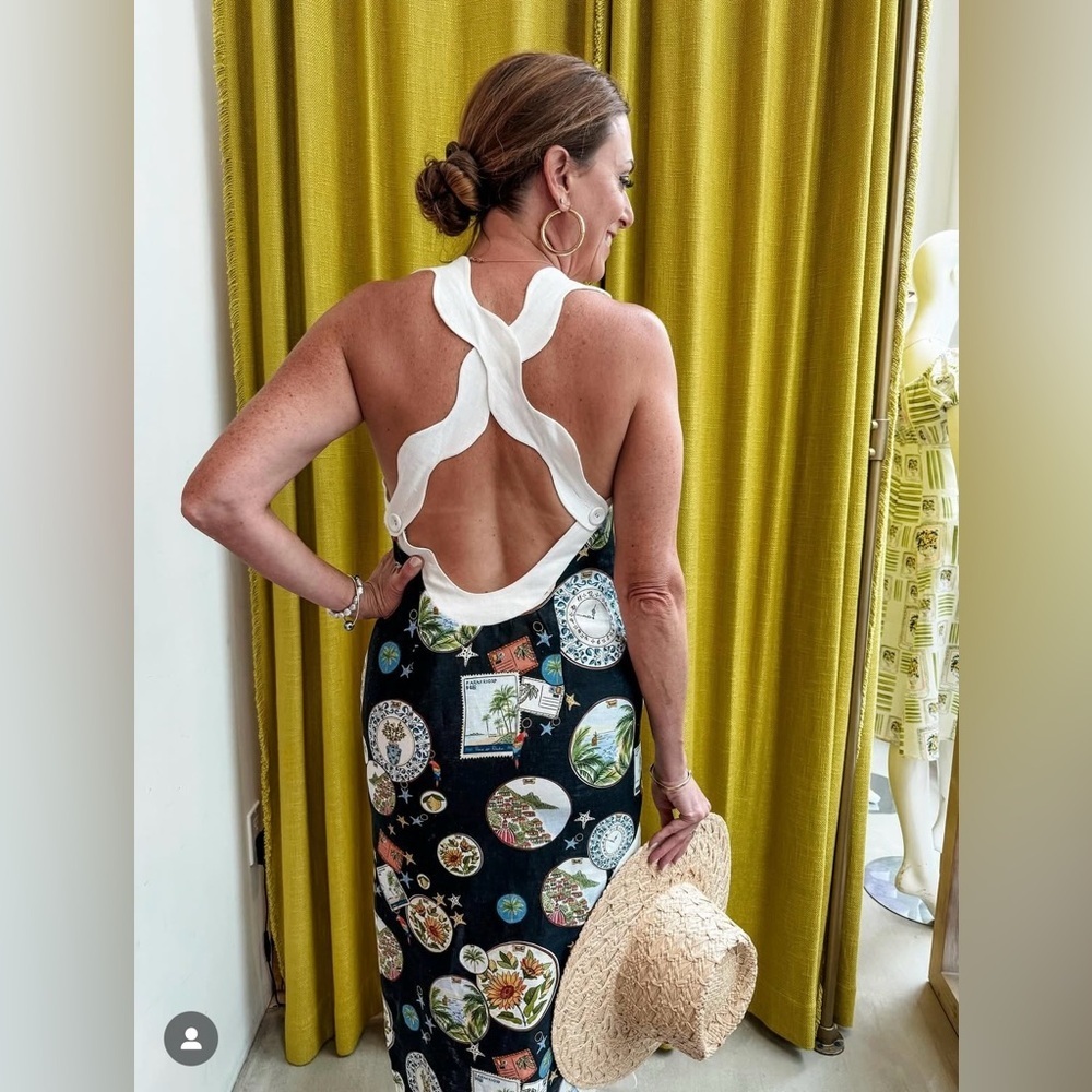 🎉RARE🎉 Farm Rio NWT Anthropologie Linen Scallop-Trim Slim Midi Dress size S. - Picture 7 of 16